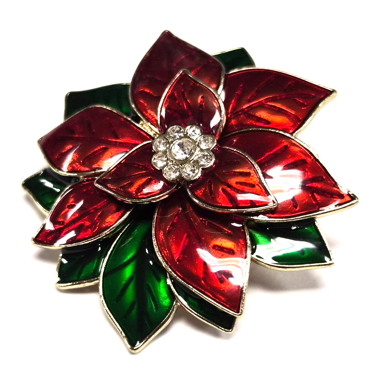 Vintage 90’s Festive Christmas Rhinestone Poinsettia Flower Pin / Brooch