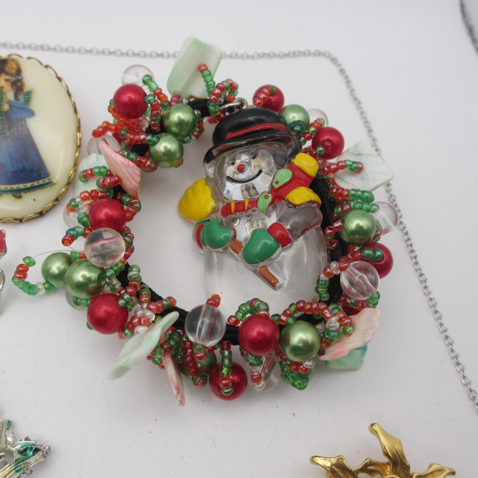Vintage Christmas Jewelry Lot Angel Snowman Tree Wreath Ornament Star