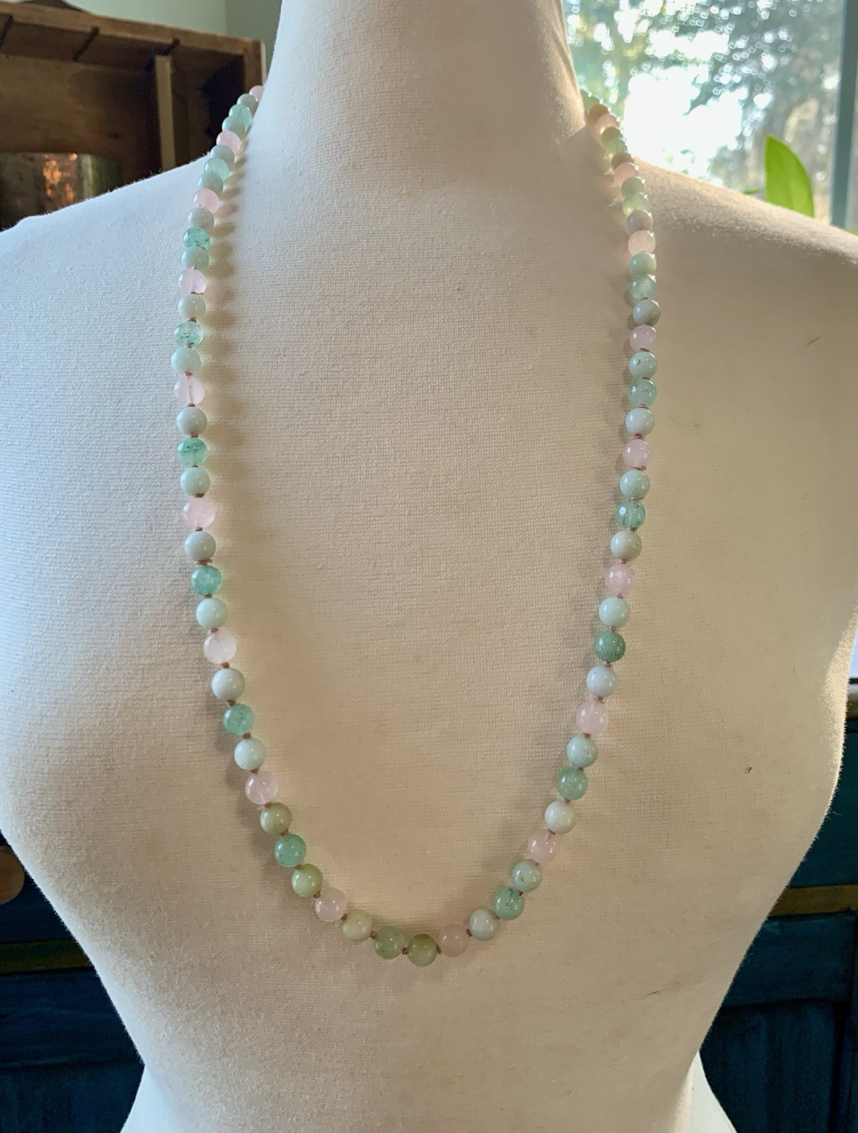 Vtg Multi Color Natural Jade 8mm Beaded(88 Beads) Hand Knotted Necklace. 34” L