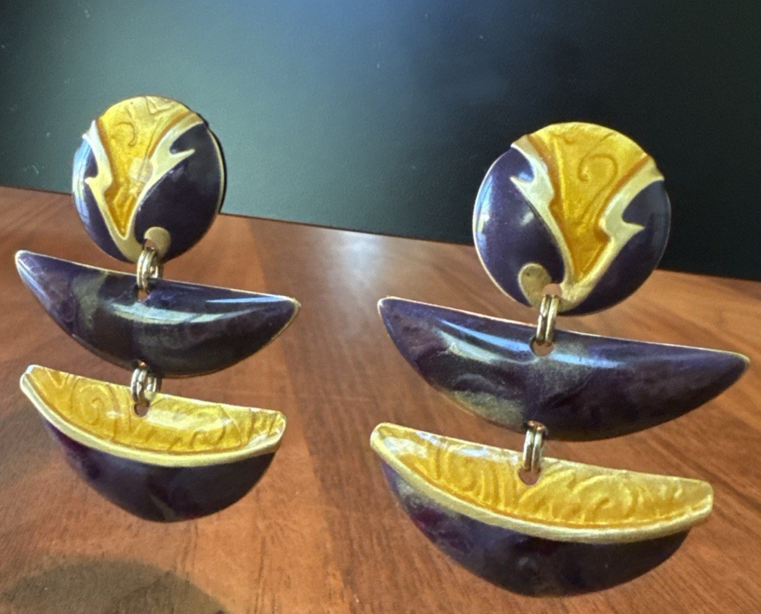 Edgar Berebi Enamel Dangle Earrings – Sculptural Modernist Gold Tone Vintage