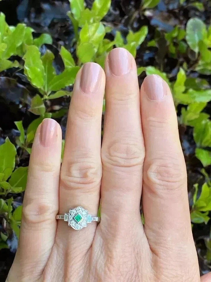 2.12Ct Art Deco Style Lab Created Emerald Anniversary 14K White Gold Finish Ring