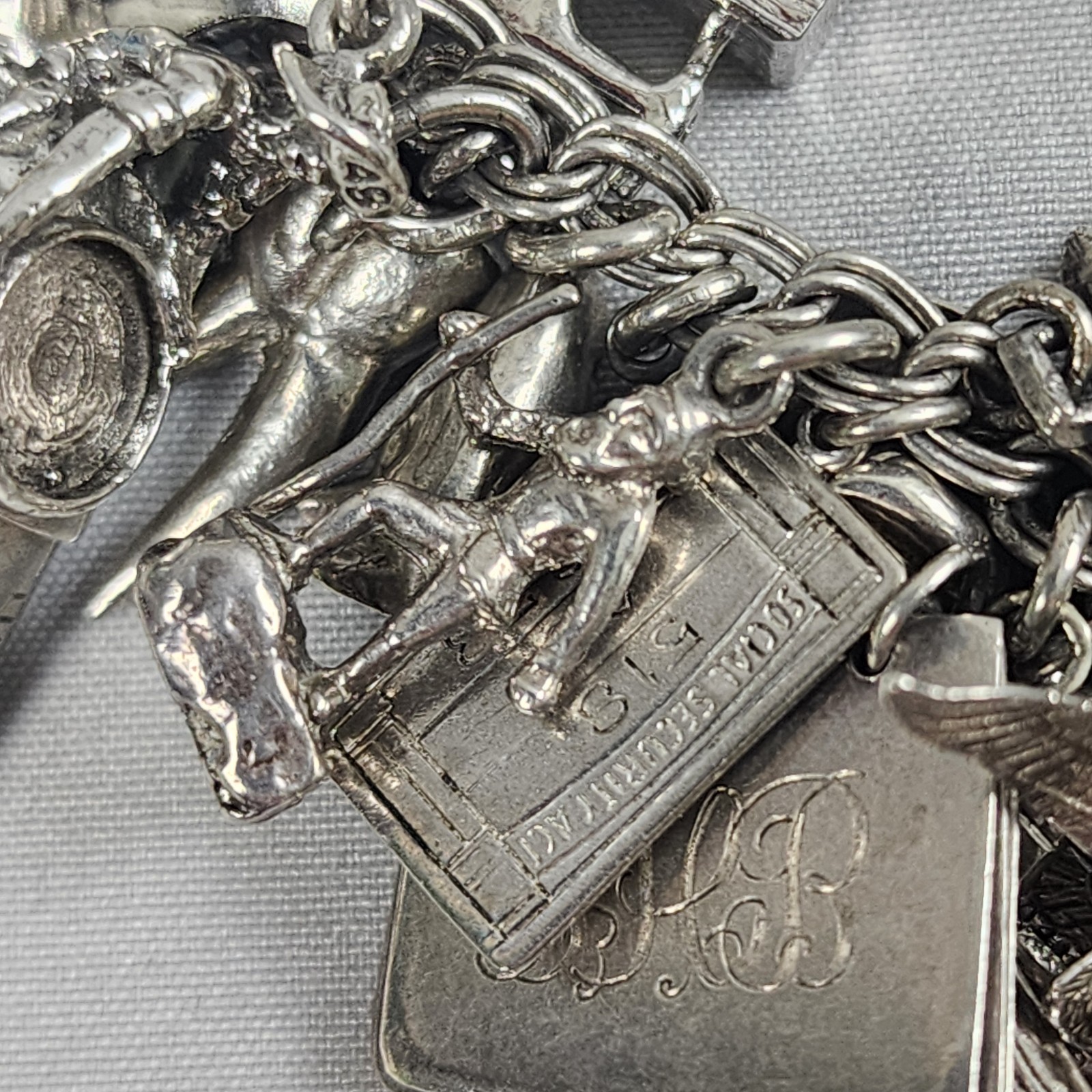 VTG Charm Bracelet 50+ Charms Sterling + Mixed Metals Movable Parts Estate Sale