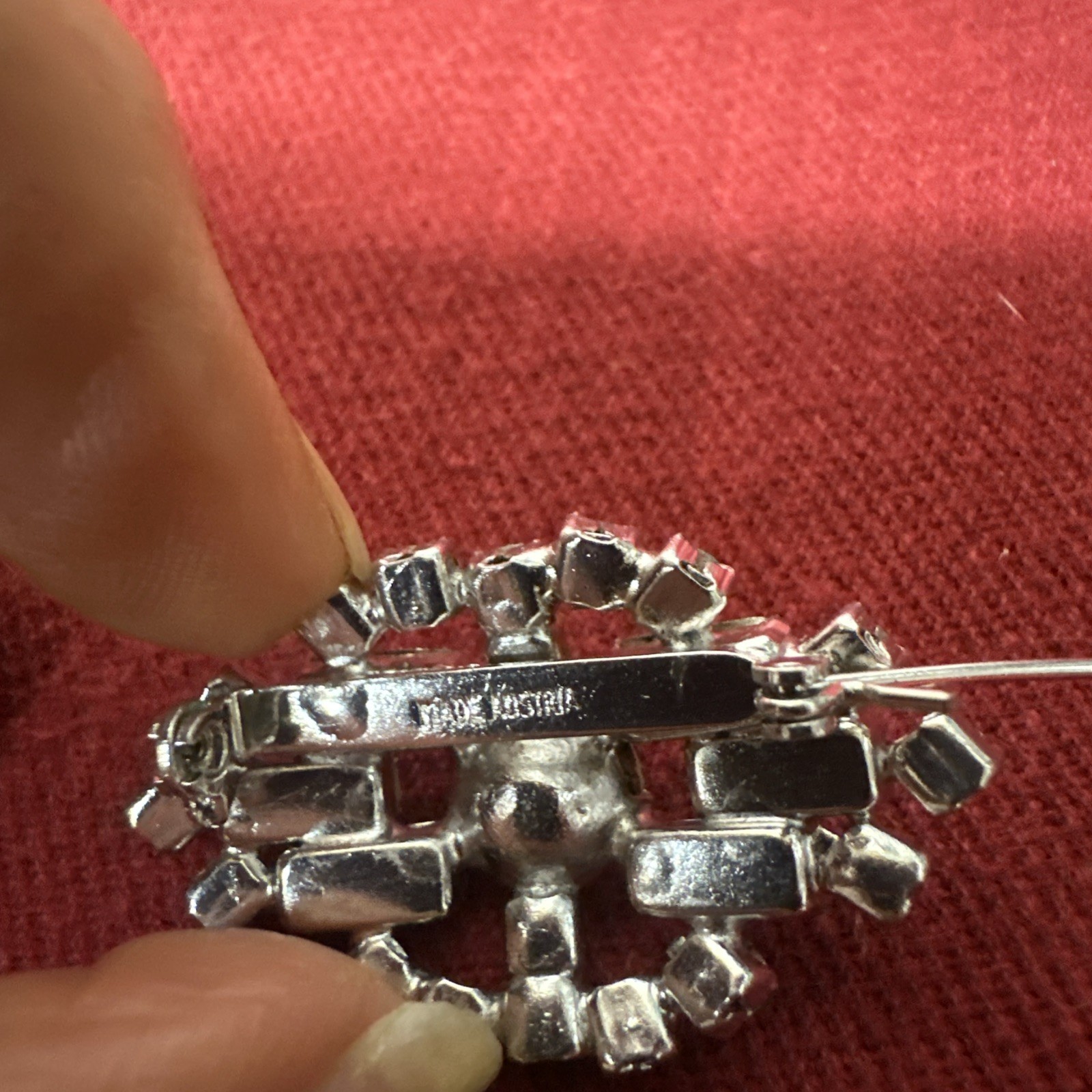 Unique “Made In Austria” Vtg. Rhinestone Brooch And Earrings Set Silver Tone
