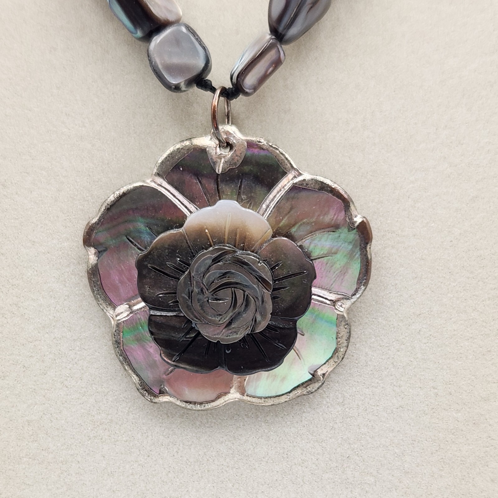 Vintage Style Dark Grey Shells & White Pearls Beaded Necklace & Abalone Pendant