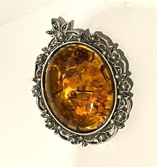 Sterling Silver w/Marcasites Amber Brooch Pendant 22.2 Grams☚☚☚👀