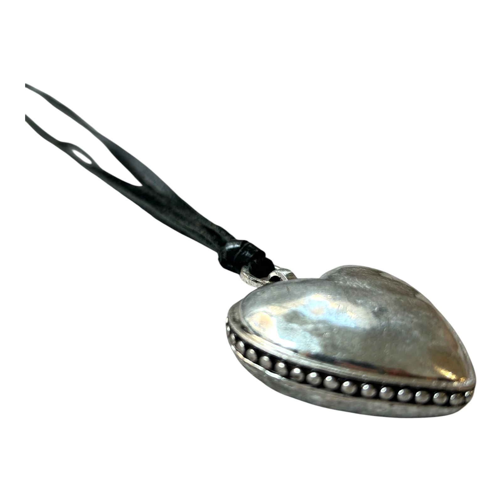 Vintage Silver Tone Heart Locket Necklace Black Leather Boho