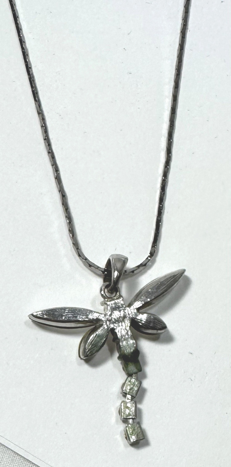 Vintage Style Silvertone Dragonfly Pendant 25 In Rhinestone Sparkly Chain