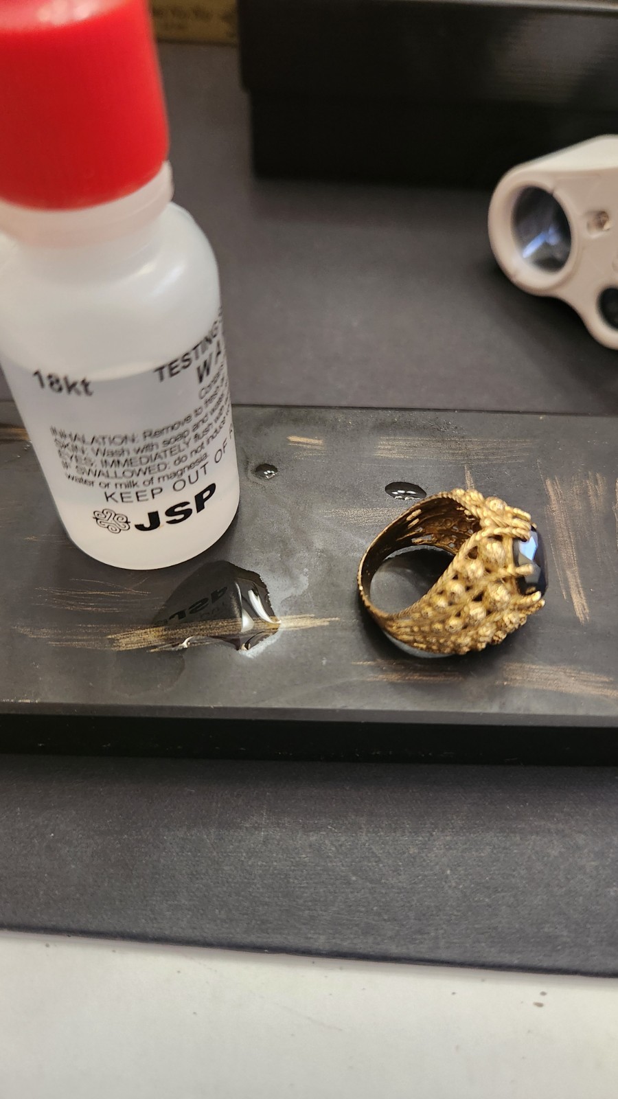 Vintage 18k Gold Ornate Hematite Size 4 ring 1960’s Corletto Italy 7.1 Grams