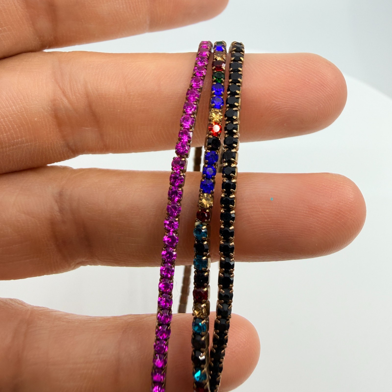 Vintage Bronze Tone Multi Color Rhinestone Stackable Stretch Bracelet Set 3 90s