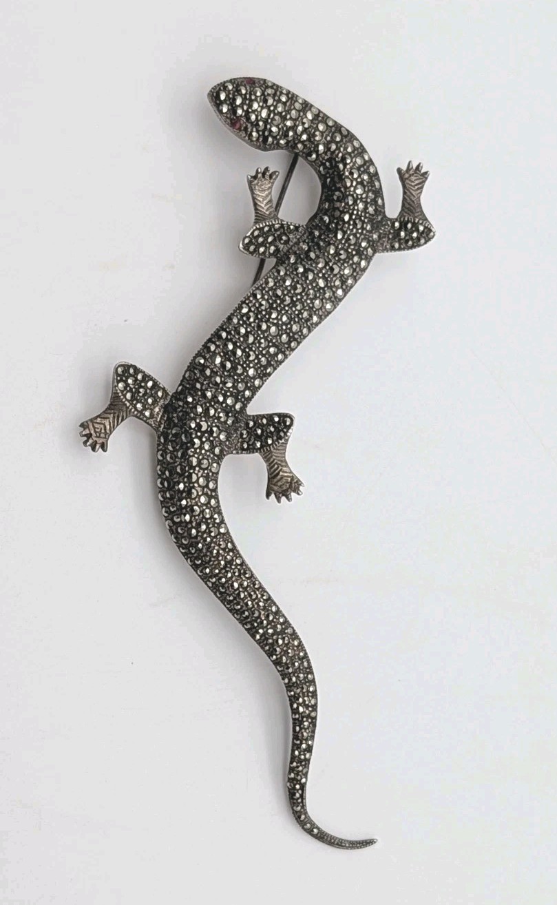 5½” Long Vintage Sterling Silver Marcasite Lizard Gecko Red Eyes Pin Brooch 30g