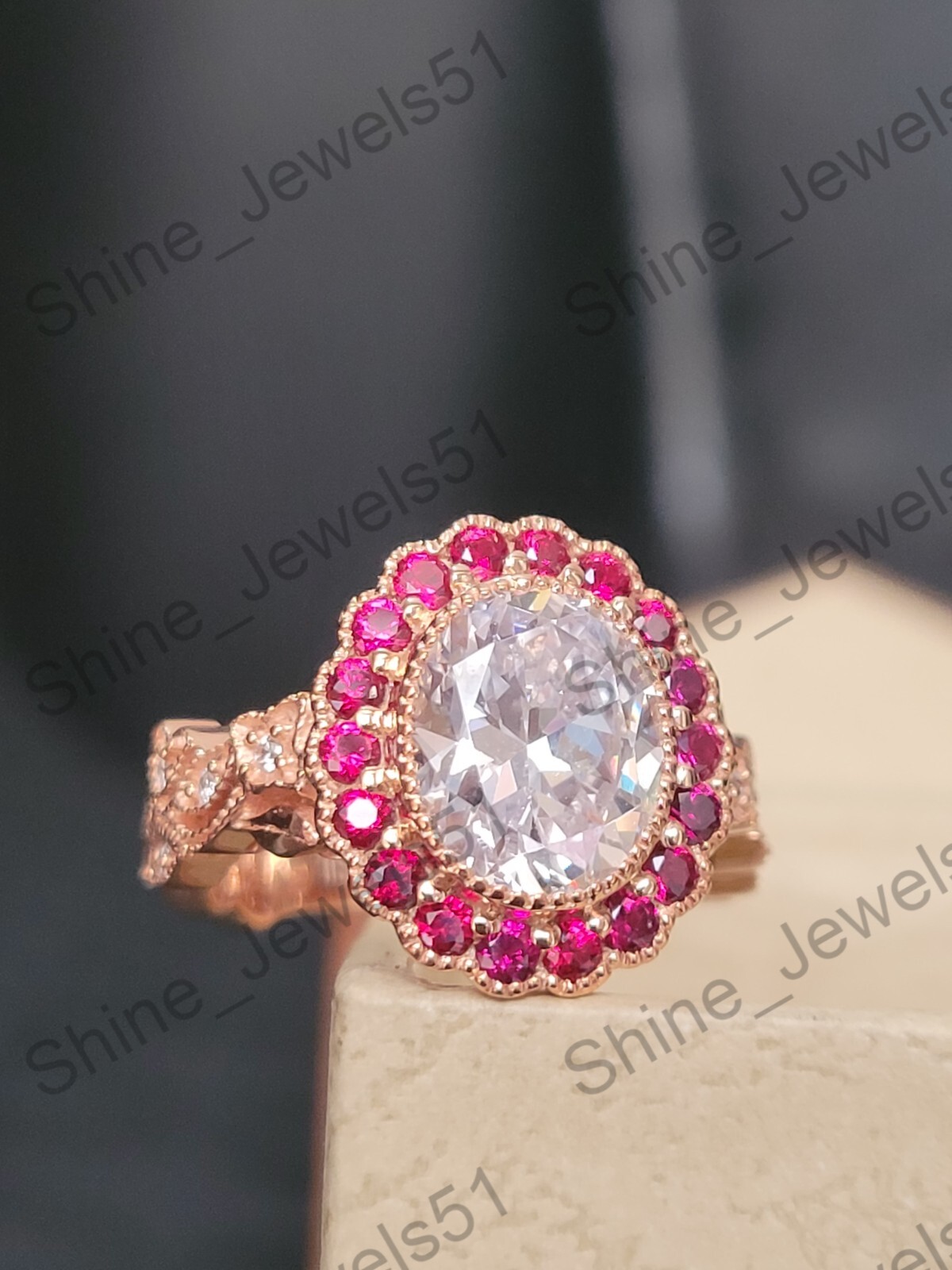 Art Deco Oval Cut Lab Created Diamond & Ruby Halo Wedding Bridal 925 Silver Ring