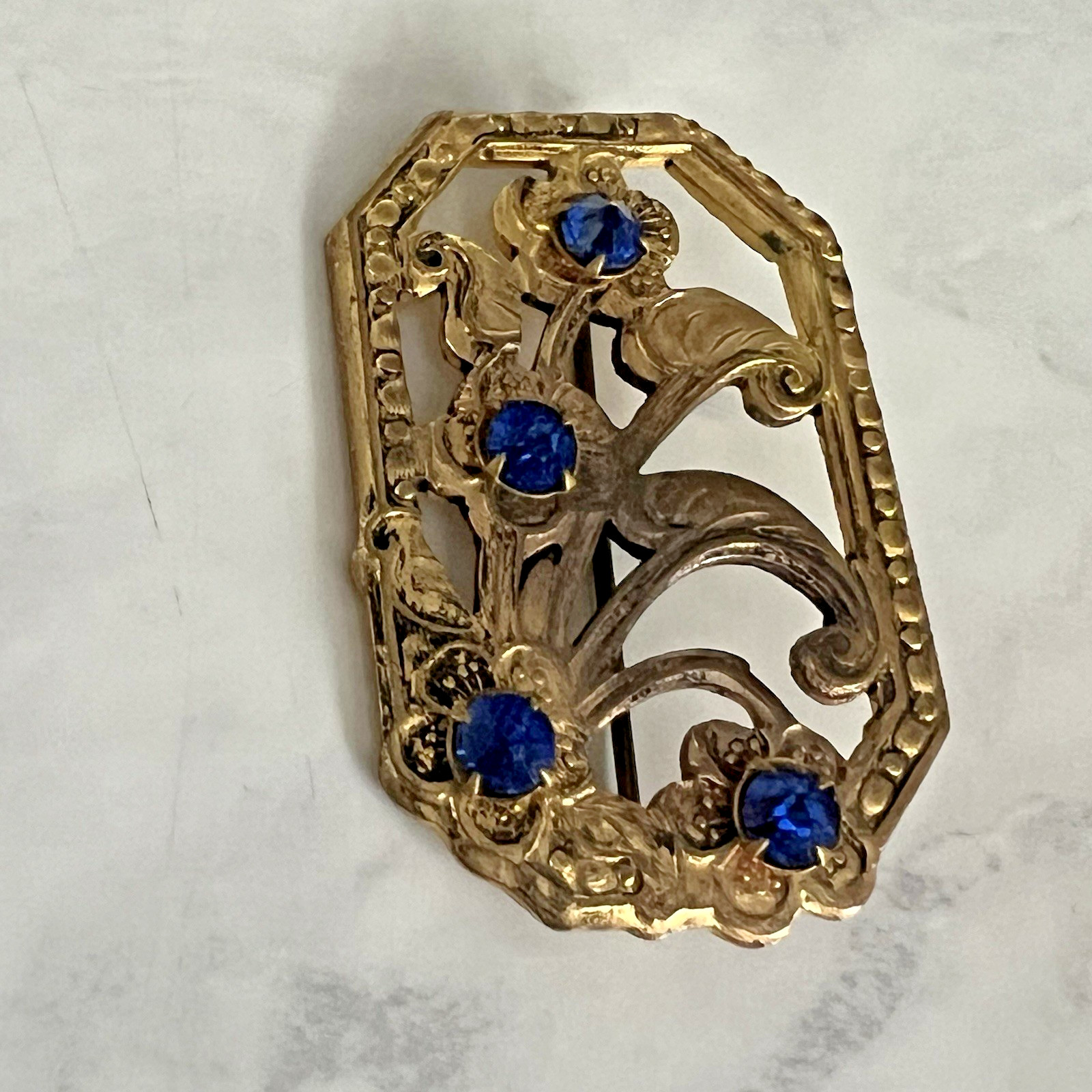 Art Deco Rectangle Floral Openwork Flower Brooch Rhinestones Antique Vtg Old Pin