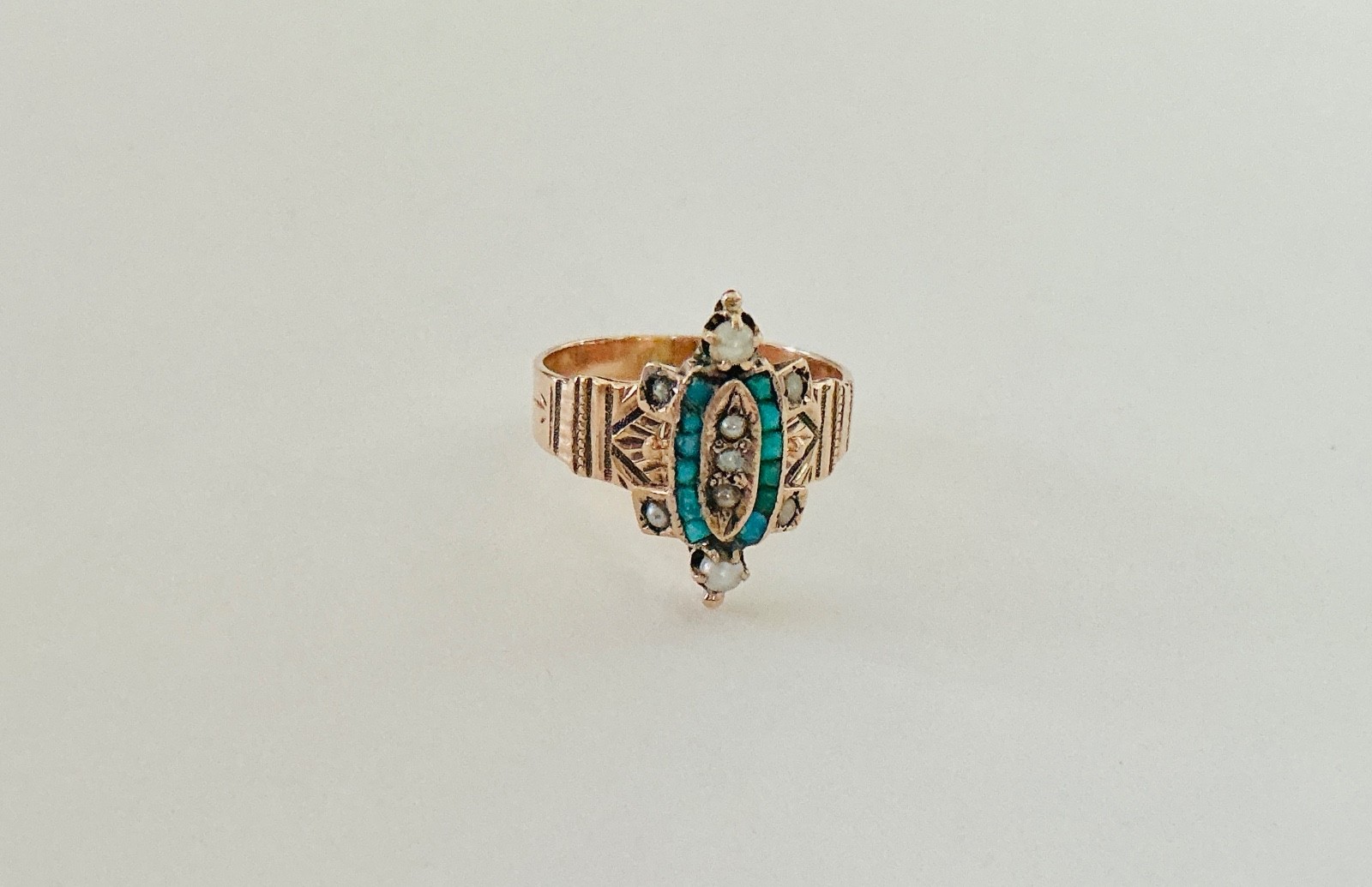 Ladies Art Deco Era Pinky Ring – Turquoise & Pearl Gems Set In 10k Yellow Gold