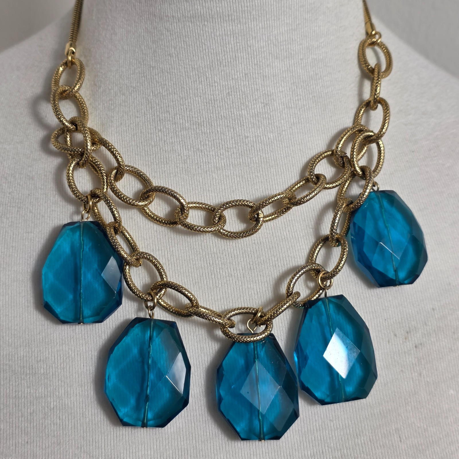 Unbranded Statement Necklace Gold Tone Snake Style Link Chain & Blue Glass Beads