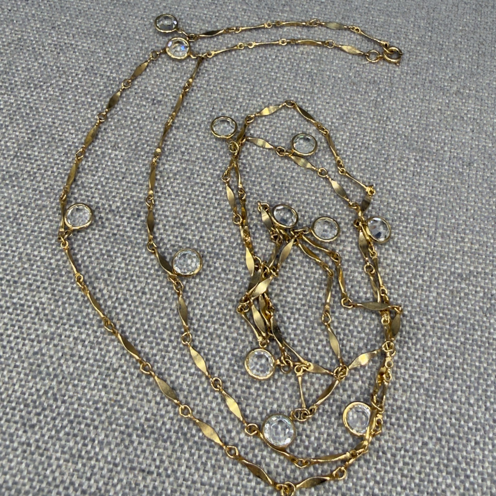 Vintage Station Necklace Gold Tone Bezel Set Crystals Opera Length 50 Inch