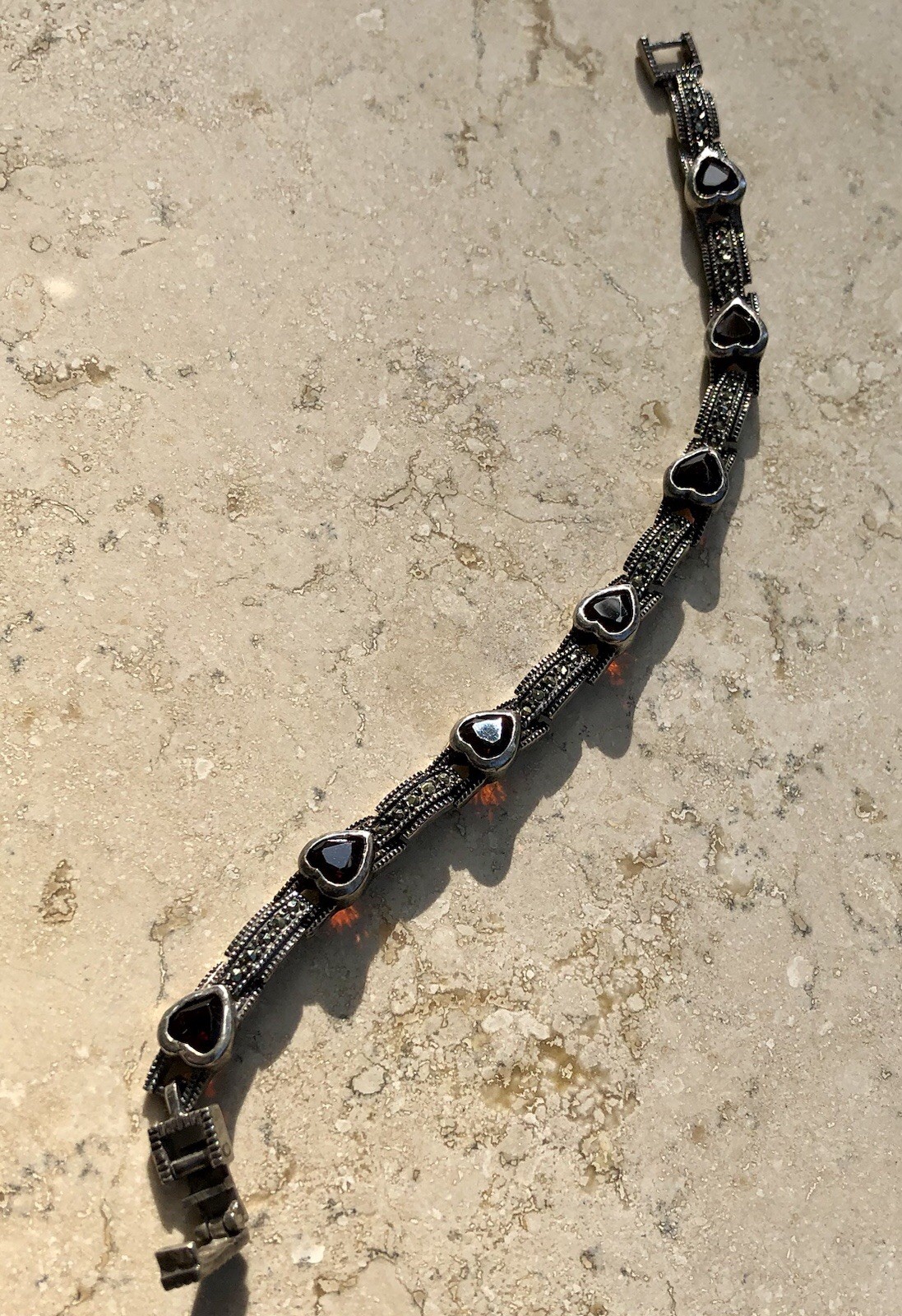 ❤️✨Genuine VINTAGE STERLING SILVER MARCASITE GARNET HEART ESTATE Tennis Bracelet