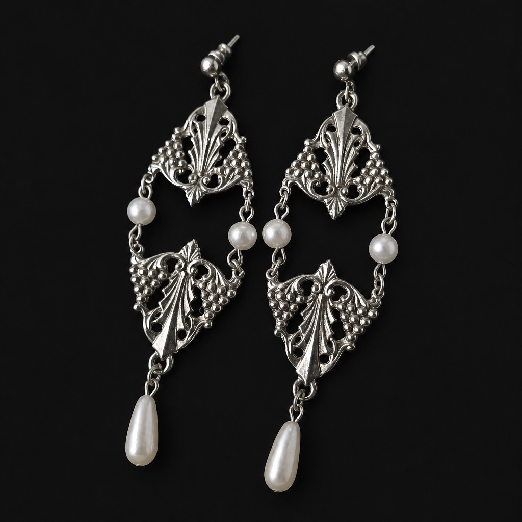 Vintage Silver Tone Faux Pearls Victorian Style Dangle Pierced Earrings