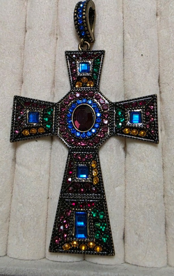Swarovski Vintage Multi-Color Bronze Cross Pendant 3″ Lrg Detailed Bail one Chip