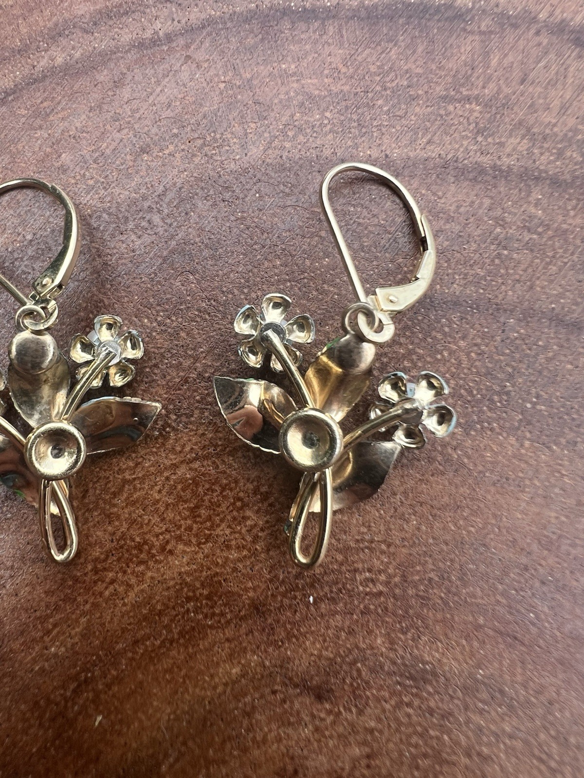 Vintage 14K Gold Overlay Enamel Pearl Blue Floral Leverback Dangle Earrings 1.5”