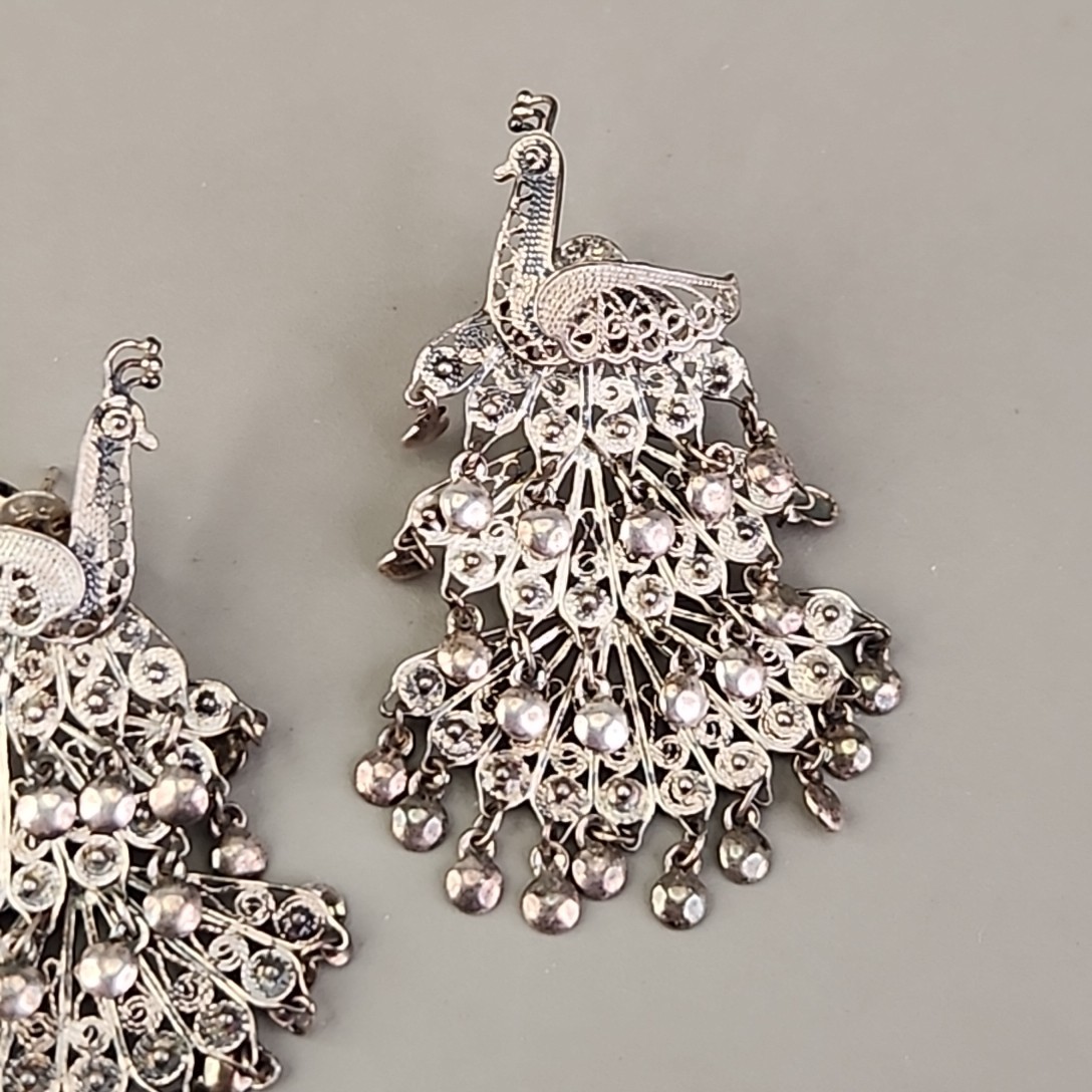 Vintage Sterling Silver Peacock Earrings Cannetille Filigree Articulated Dangles