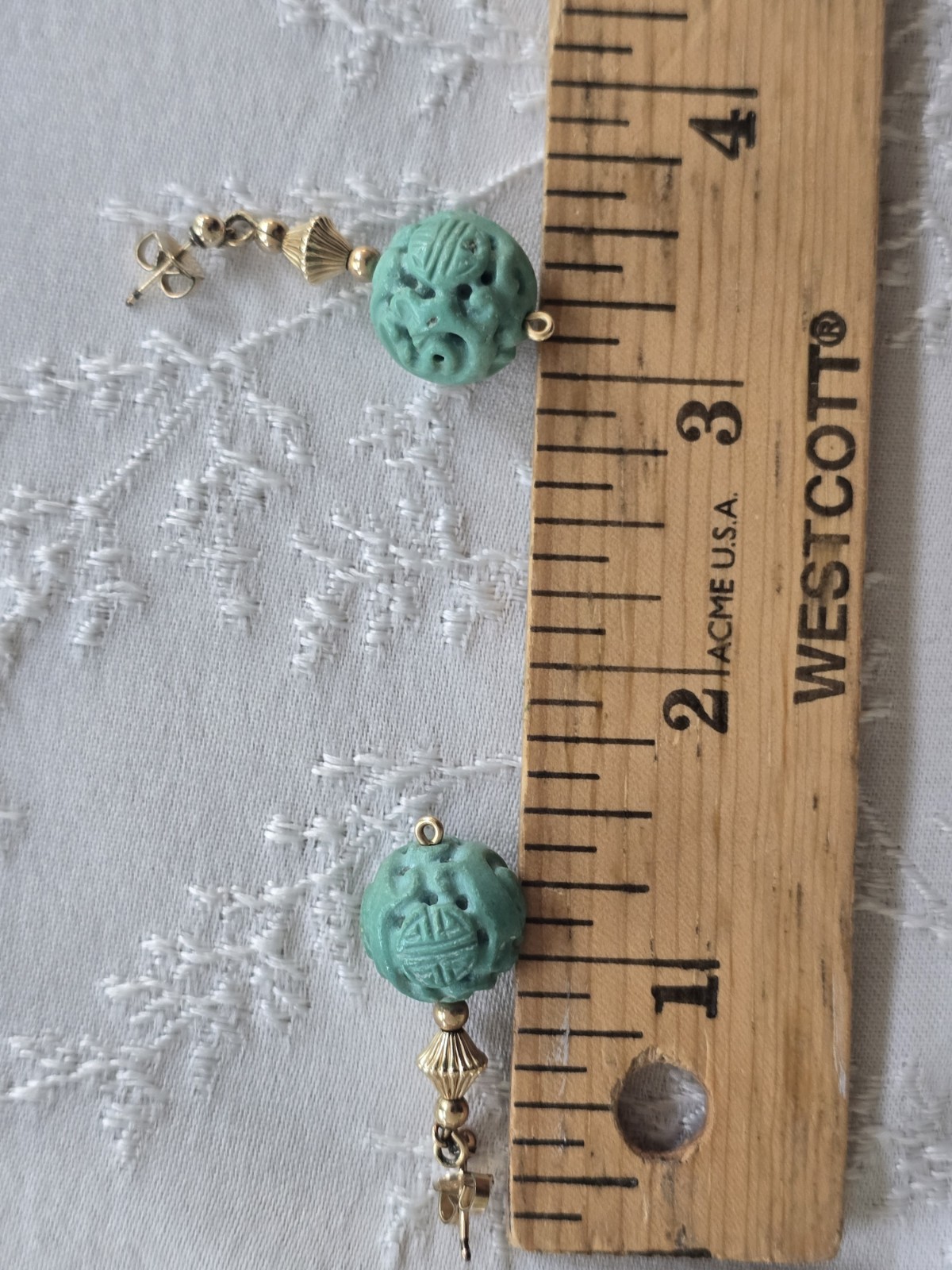 Chinese Turquoise Shou Carved Bead Earrings & Necklace 21” Gold Plated Clasp