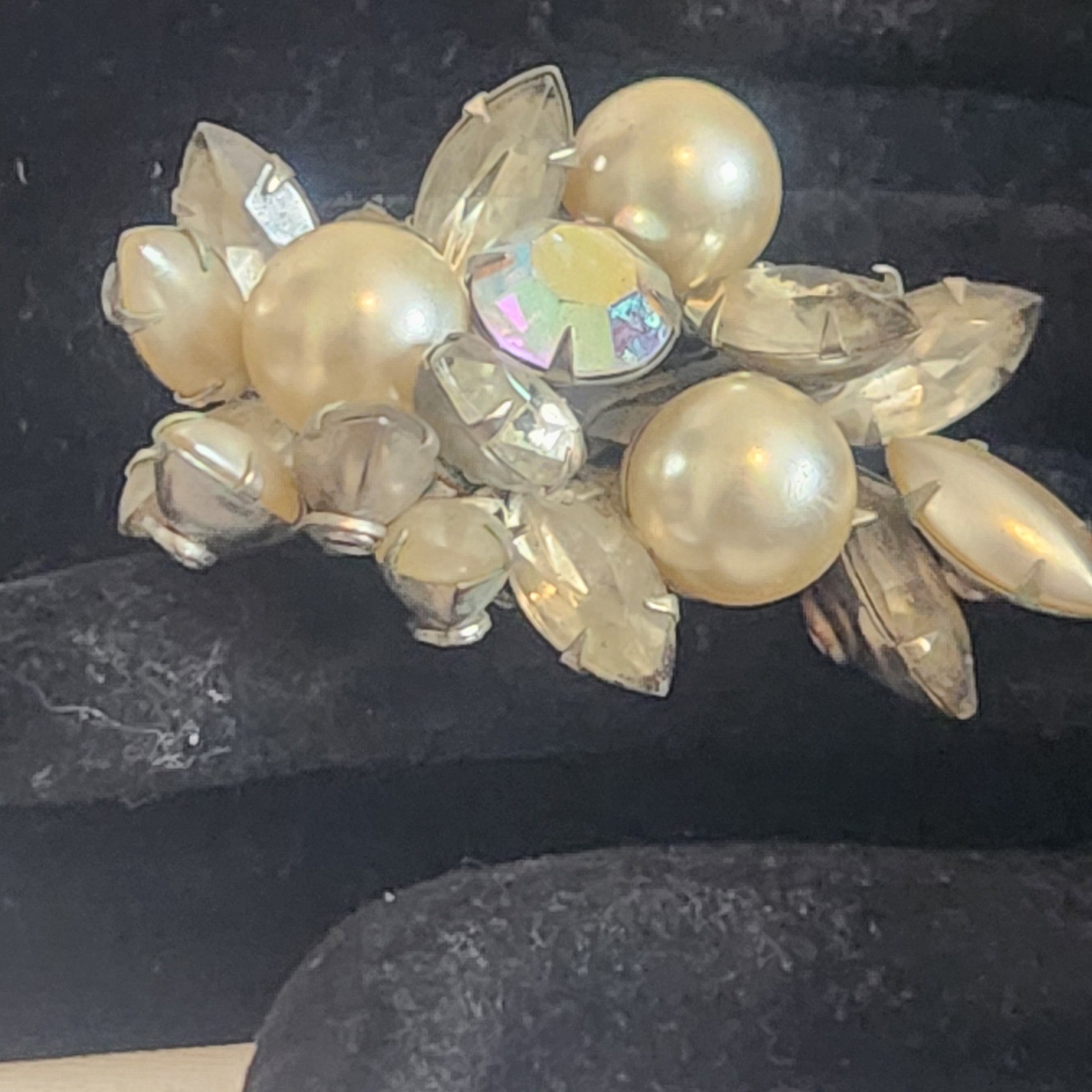 Vintage Aurora Borealis Rhinestone and Faux Pearl Cluster Clip On Earring Brooch