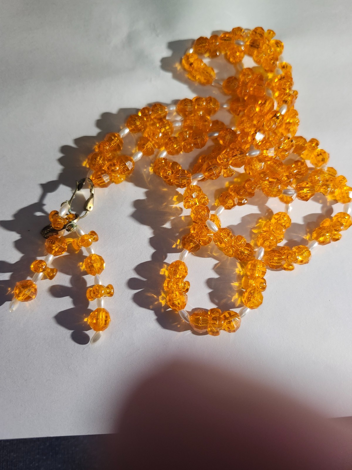 Vintage Orange Faceted Bead Necklace & Clip-On Earrings Set–Retro Costume Jewelr