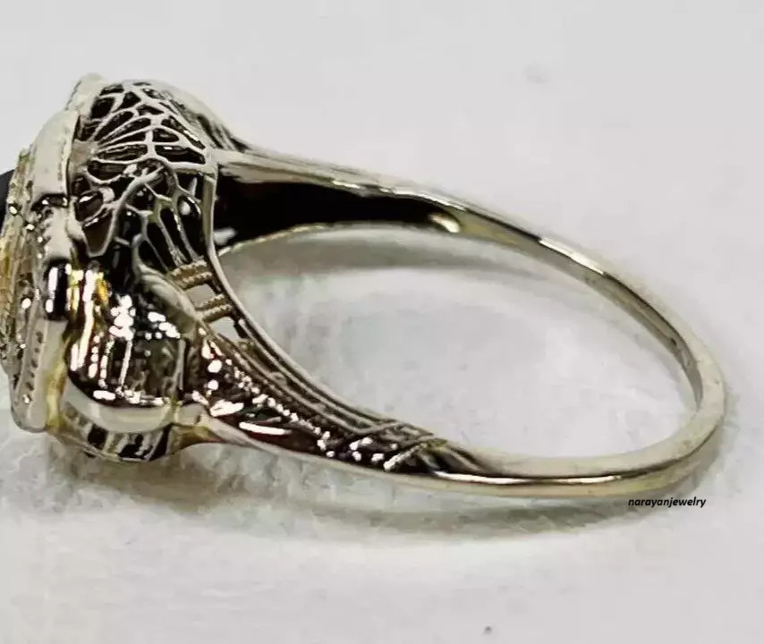 Art Deco Emerald & Lab Created Diamond 14K White Gold FN Filigree Wedding Ring