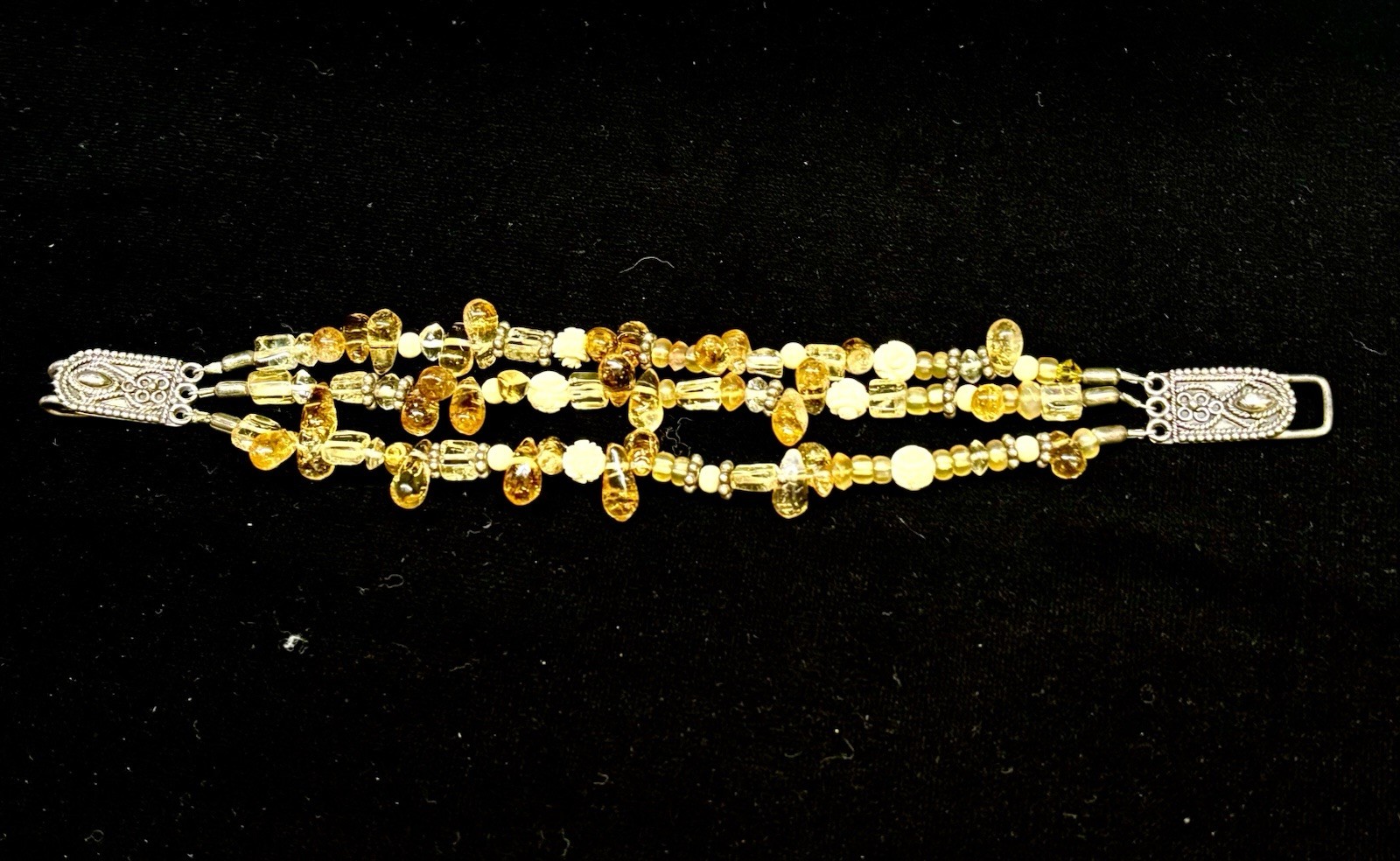Vintage Citrine 925 SS Spacers & Filigree Clasp Carved Rose Cluster Bracelet 6.5