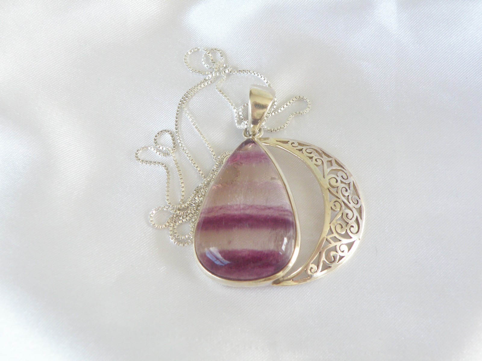 Large Sterling Silver 925 Fluorite Crescent Moon Pendant Necklace
