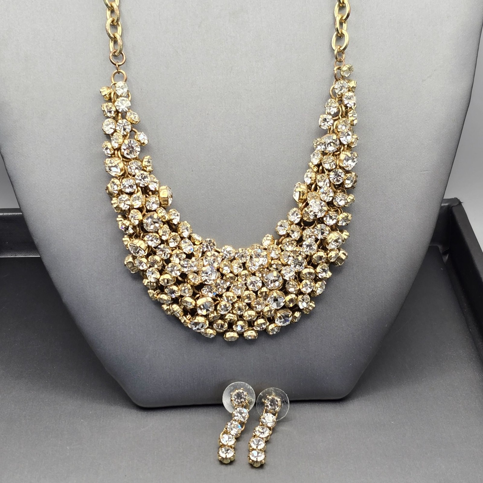 Gold-Tone Statement Necklace & Drop Earrings Set w/ Prong Set Clear Rhinestones
