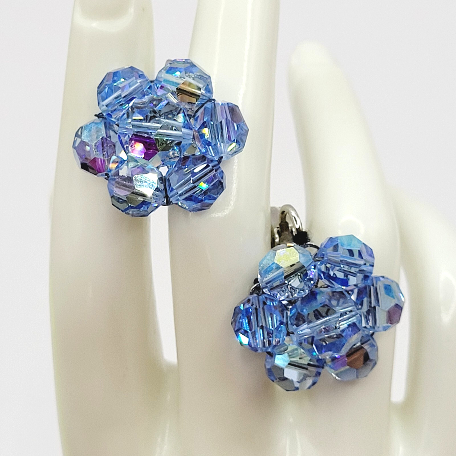 Light Blue Faceted Crystal Bead Cluster Sparkling Fancy Vintage Clip On Earrings