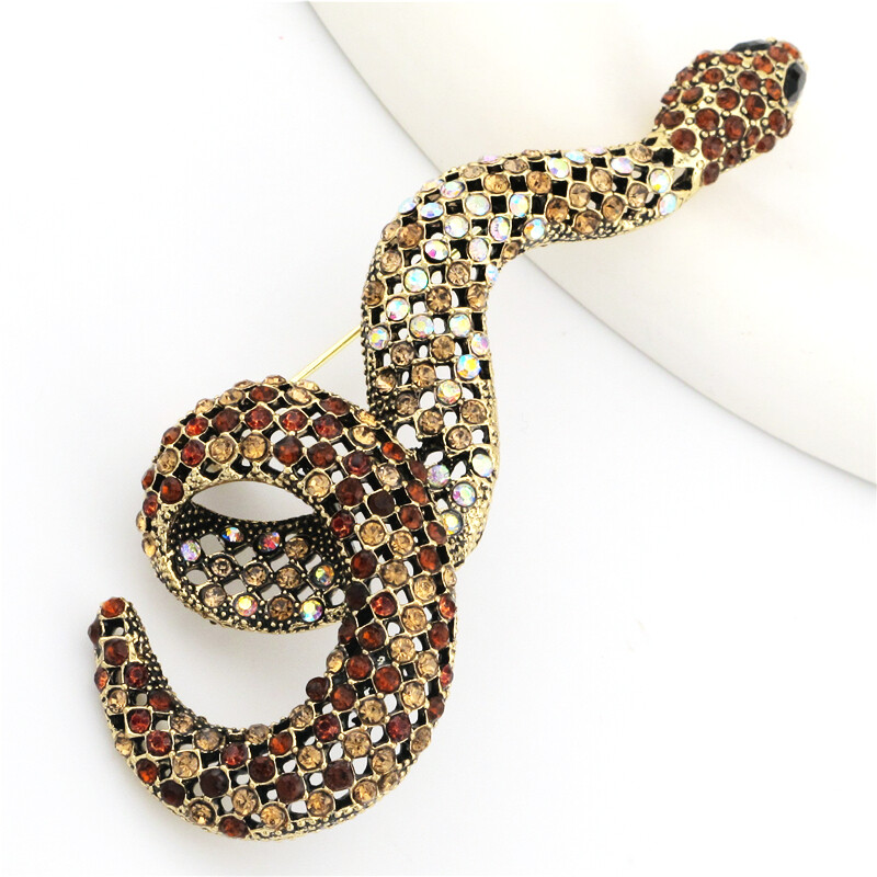 Vintage Gold Plated Brown Snake Crystal Fashion Women Charm Lady Brooch Pin Gift
