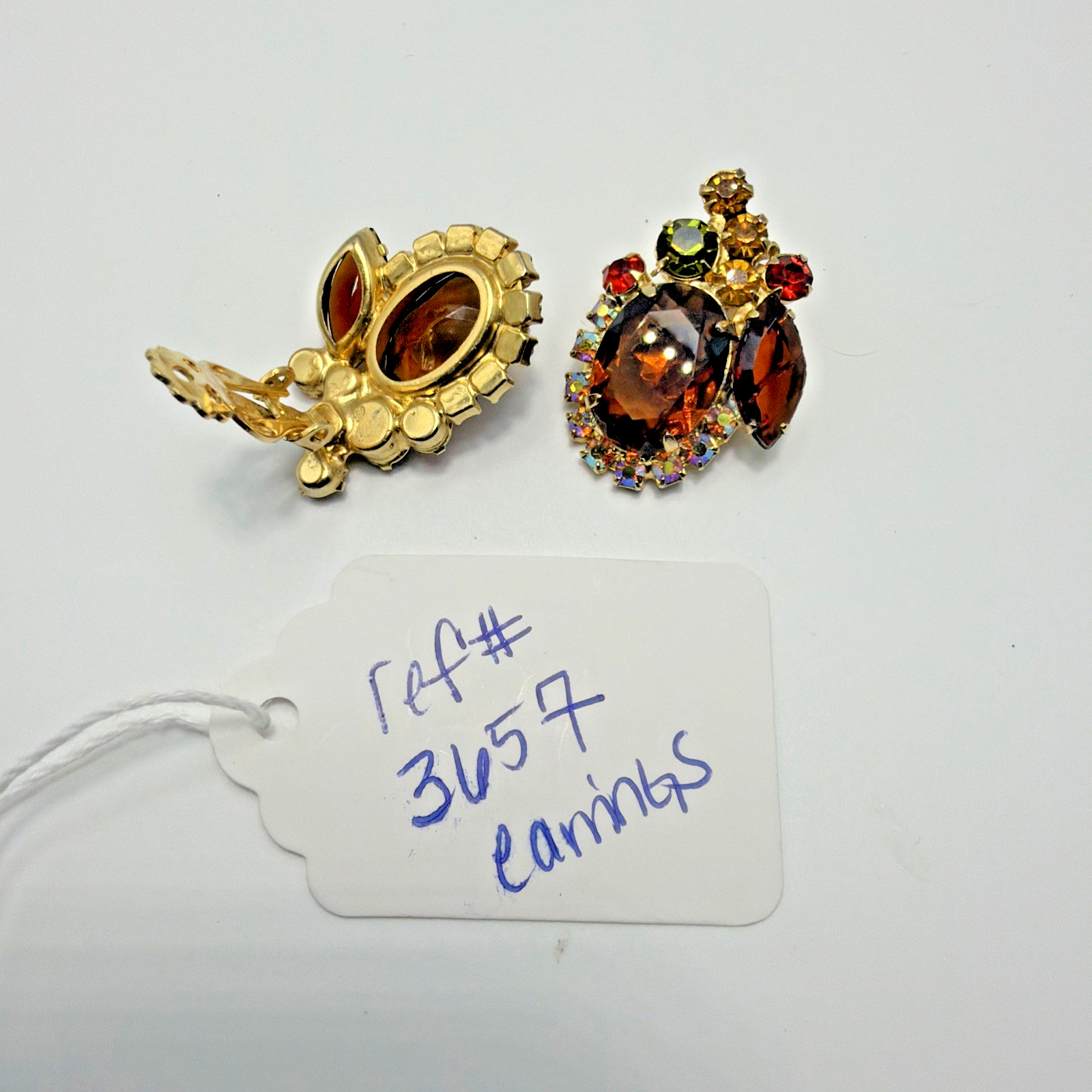 Vintage Juliana Delizza Elster Rhinestone Earrings Clips Faceted Gold Toned