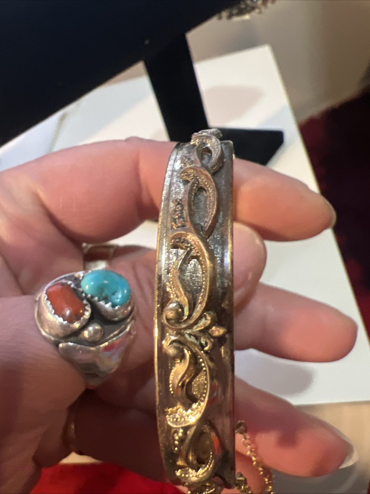 Vtg Whiting & Davis Gold Tone Victorian Revival Bangle Bracelet Floral See Pics