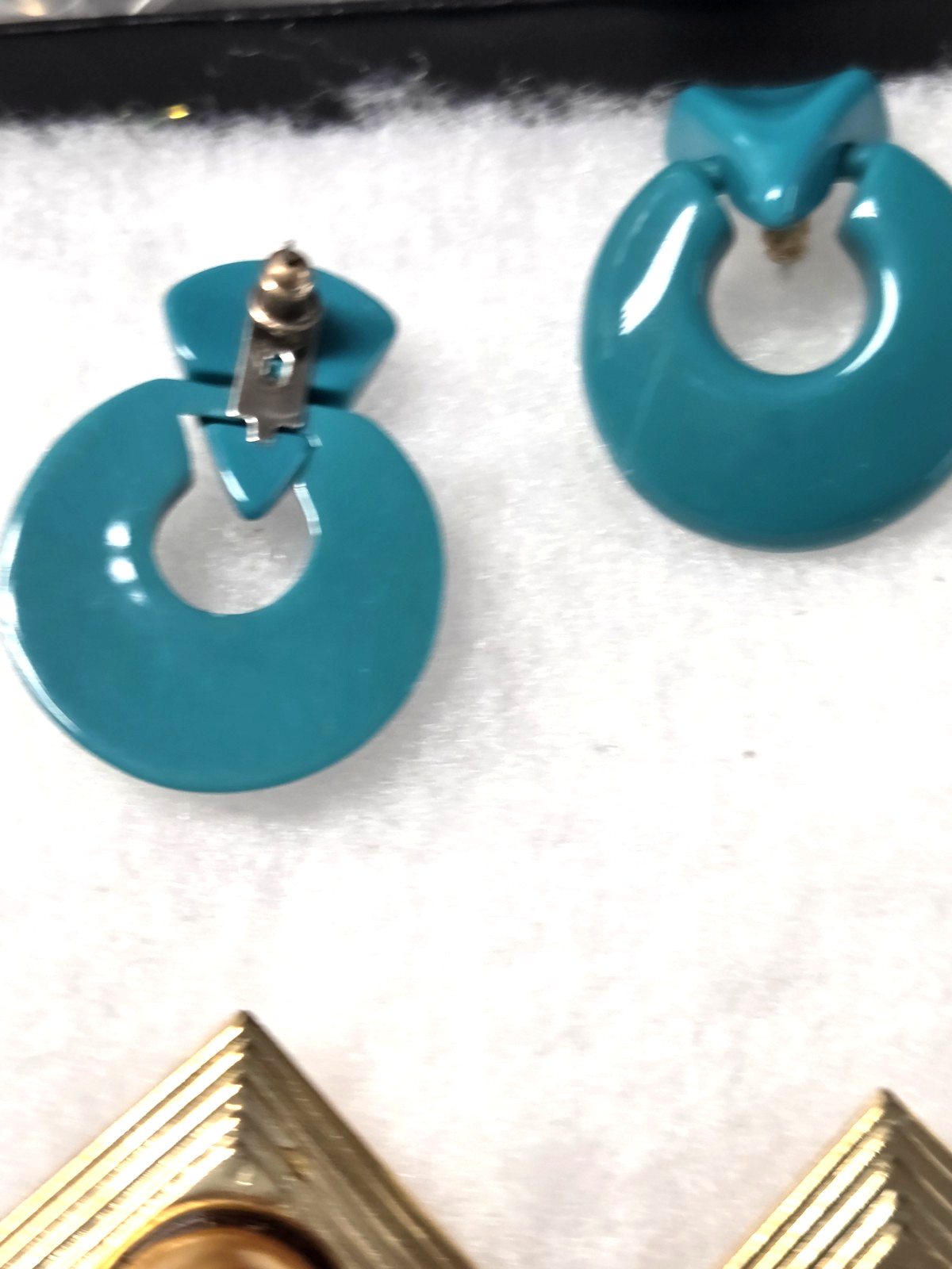 Vtg teal blue lucite door knocker pierced Earrings