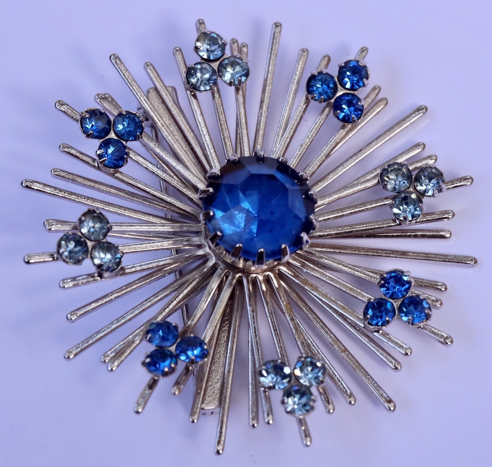 Sarah Coventry Signed “Coventry” Silver Tone Starburst Brooch Blue Rhinestones