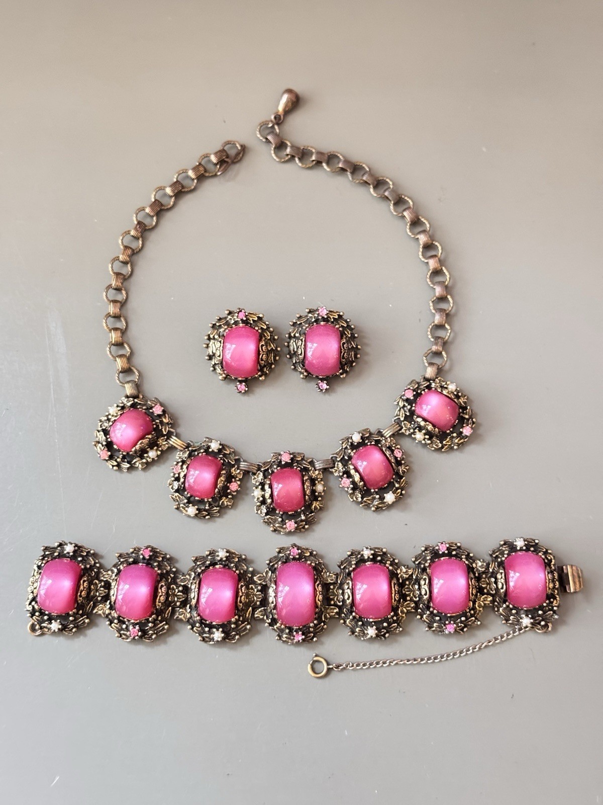 Vintage SELRO SELINI Baroque Necklace, Bracelet & Earring Set, Pink Moon Glow