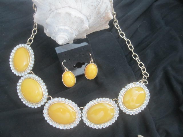 Yellow Gold Tone Resin or Acrylic Cabochon Necklace & Earrings