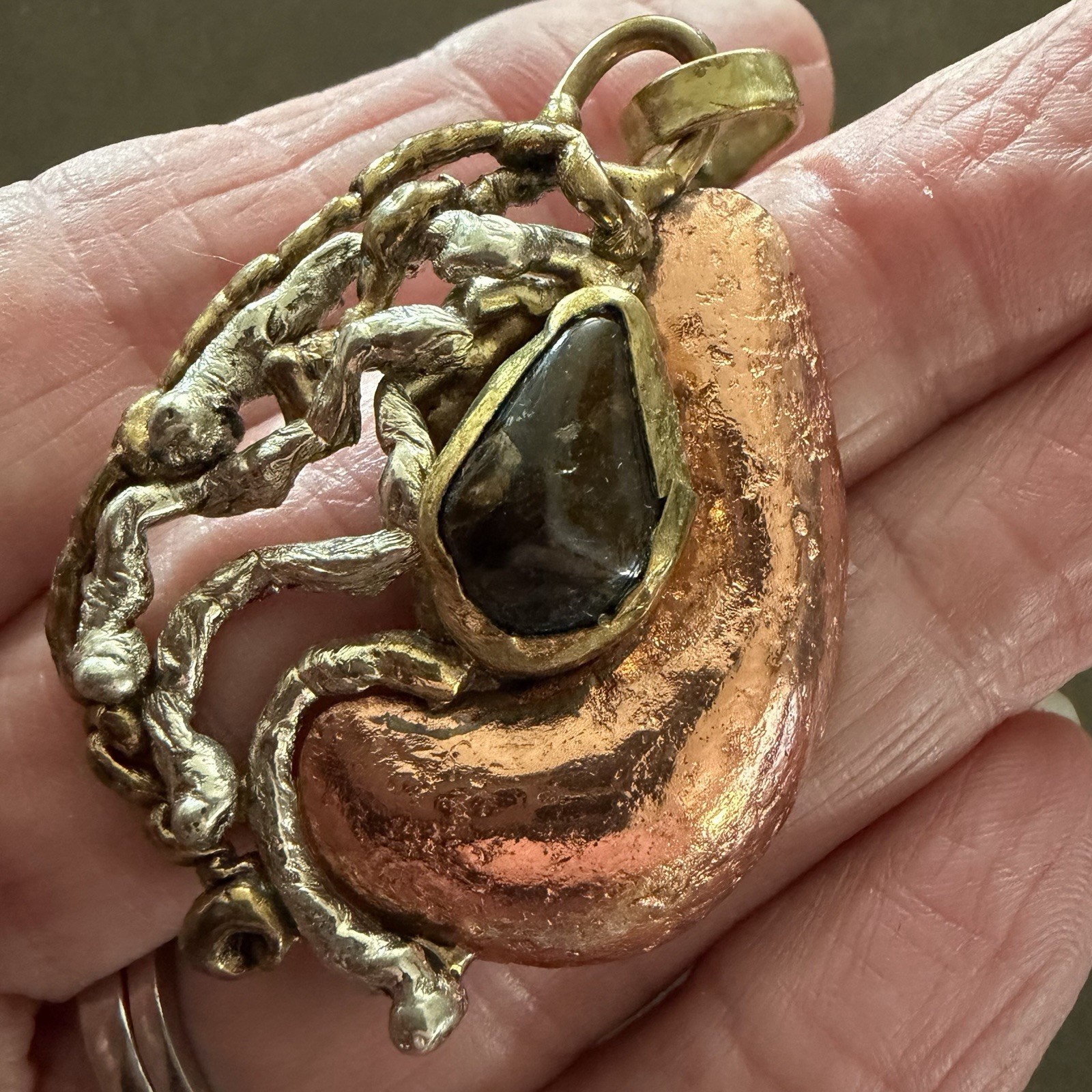 Vtg Brutalist Pendant Artisan Abstract Mixed Metal Brass/Copper Natural Stone