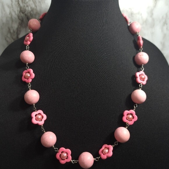 Vintage Handmade Women’s Necklace Pink Cotton Candy Natural Stones, Faux Pearls