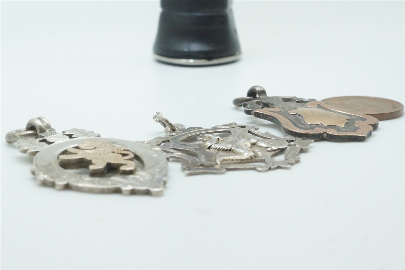 3 x ANTIQUE ENGLISH STERLING SILVER GOLD SHIELD FOB MEDALS / DOG TAGS