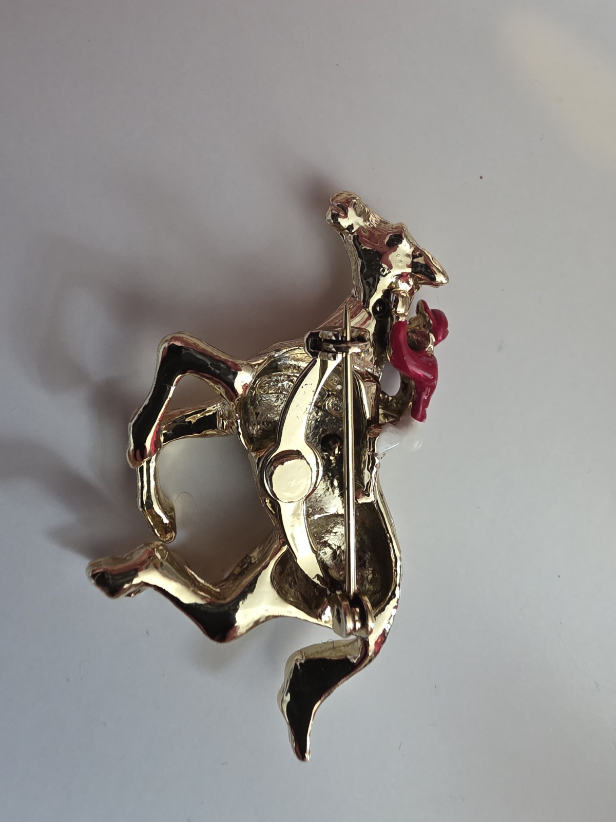Vintage Red and White Enamel Jockey on Gold Horse Pin