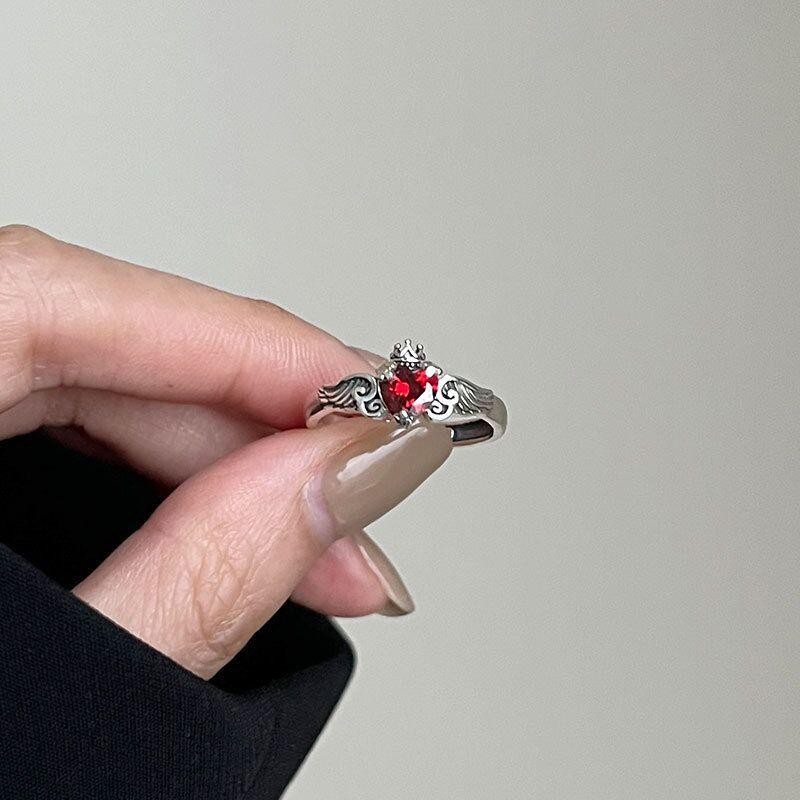 Vintage 925 Sterling Silver Wing Crystal Heart Ring Women Wedding Jewelry Gift