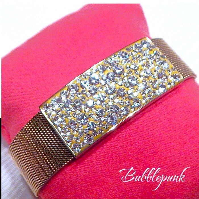 Retro Brilliant Pave Crystals Golden Mesh Band Bracelet SS LN S48