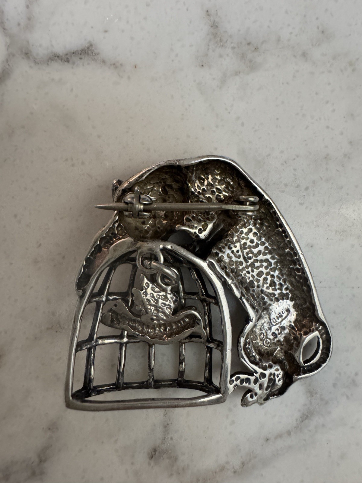 Jezlaine Silver 925 Cat With Bird In Cage Brooch Pin. Signed