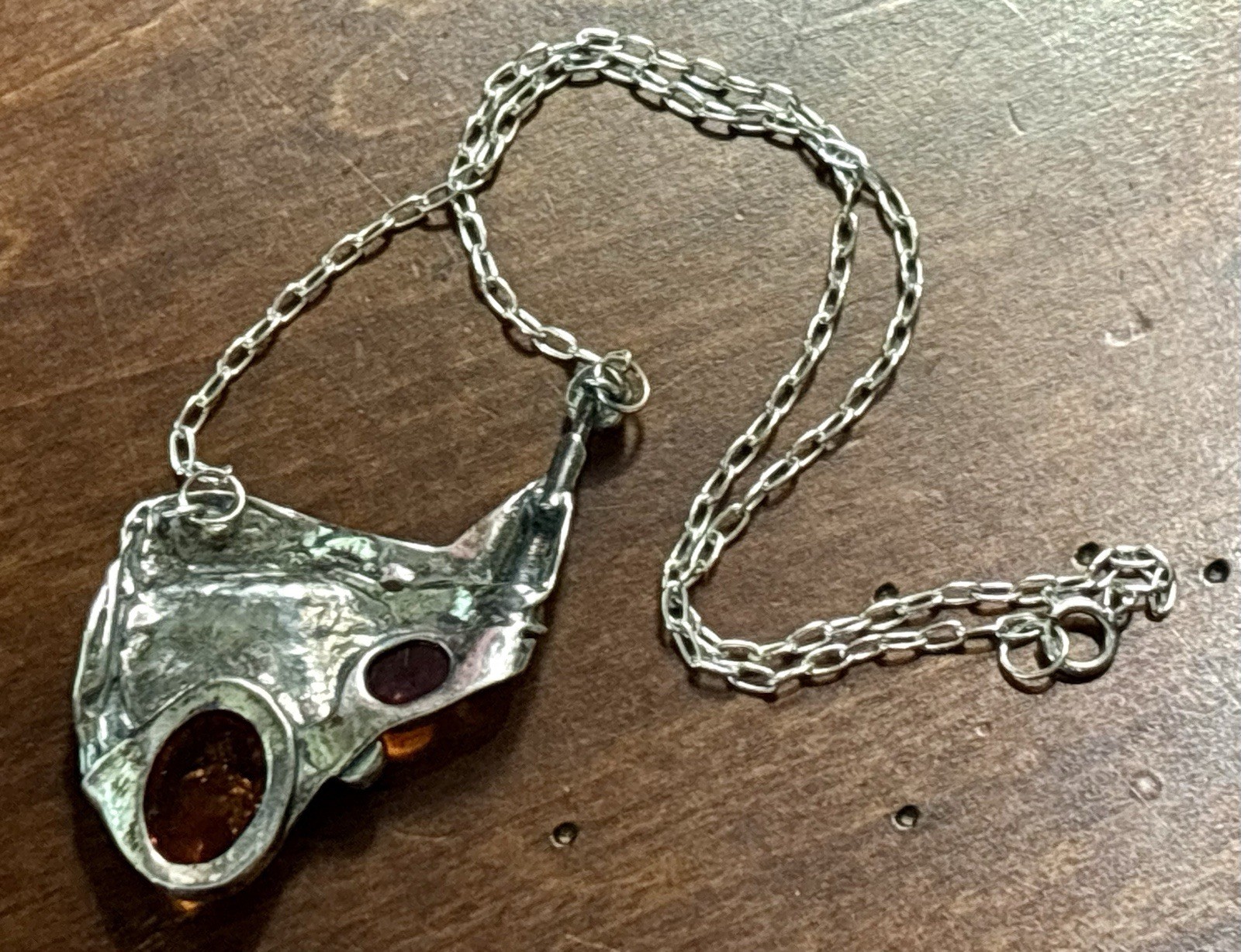 Vintage 17” Sterling & Amber Brutalist Necklace / Amazing!!