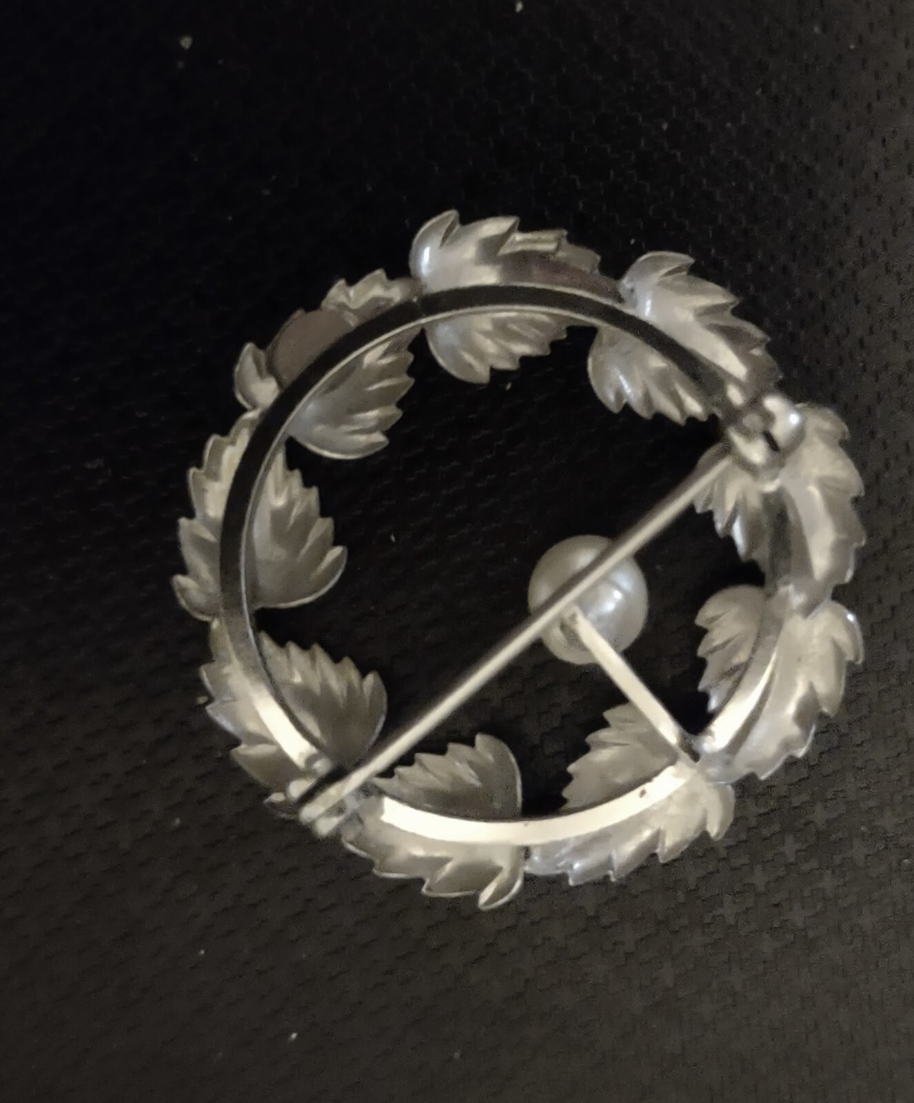 vintage round sterling silver faux pearl pin 1.25″ diameter  filigree leaf motif