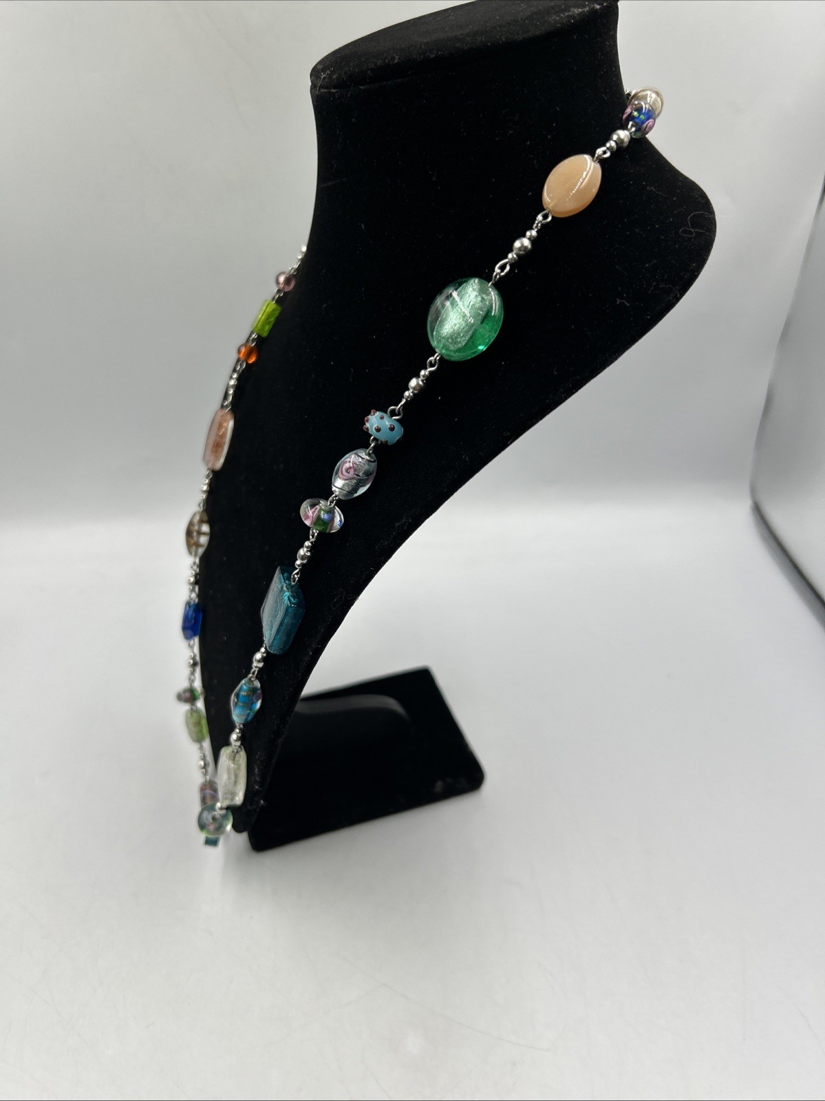 VTG Premier Design Art Glass Beaded Necklace Silver Tone Signed 30”w/2”
