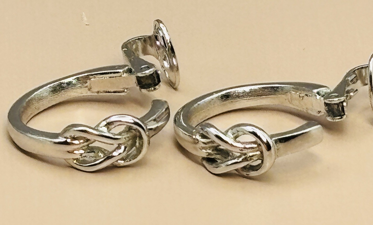 Trifari Earrings Clip On Silver Tone Love Knot Hoops